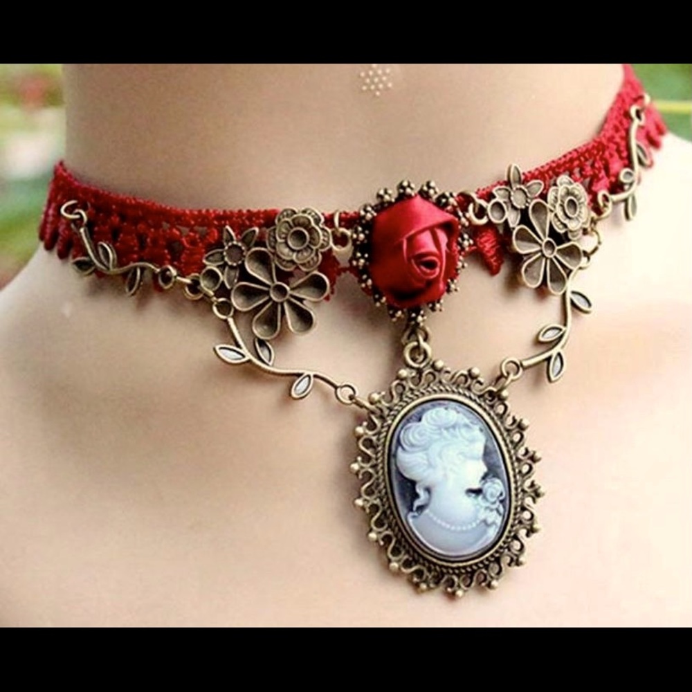 Red Rose Lace Cameo Choker Necklace